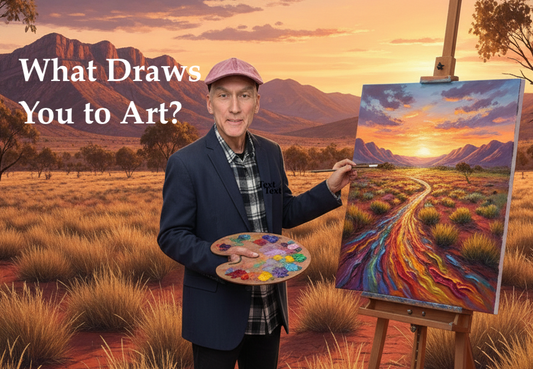 Dr Jo Bowers holding painter's pallet standing next to an expressionist painting of a sunset and river of colour, with the words 'What Draws You to Art?'